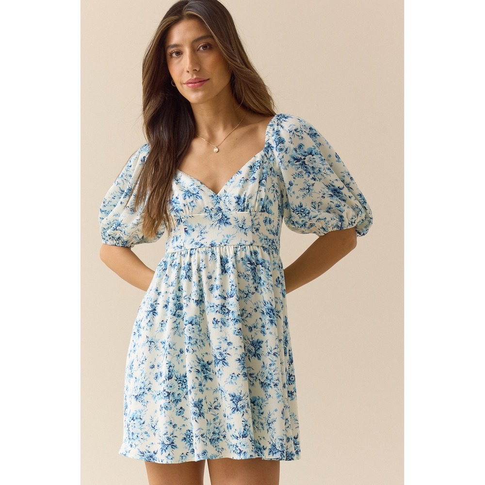 Altar'd State Blue White Floral Puff Sleeve Mini Dress Size XXS Toile Print New‎